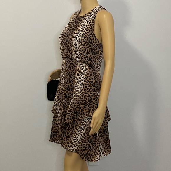 Cheetah print crewneck line sleeveless fit flare asymmetrical ruffled mini dress - Picture 7 of 14